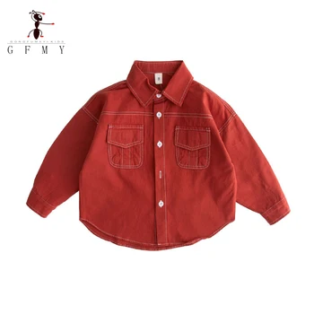Рубашки GFMY для мальчиков, хлопковая блузка из Оксфорда, однотонные красные топы с длинными рукавами для маленьких девочек от 1 до 7 лет, одежда в корейском стиле