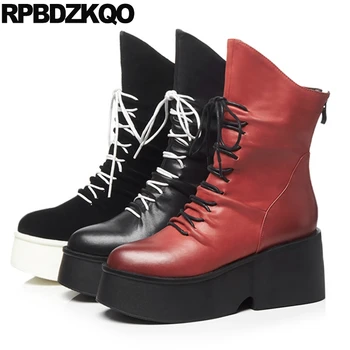 Красные Роскошные Черные зимние туфли-маффины на платформе, женские ботильоны из натуральной кожи на плоской подошве, шнуровке, 2021 г., круглый носок, высокий каблук на танкетке