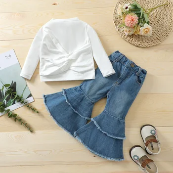 FOCUSNORM, Модные комплекты одежды для малышей от 1 до 5 лет для девочек, Белые топы с перекрестными рукавами, расклешенные джинсы, джинсовые брюки, Наряды из 2 предметов