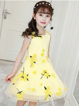 Корейские летние детские платья, одежда без рукавов с круглым вырезом для маленьких девочек, юбка с вышивкой подсолнухом, повседневное платье длиной до колен от 4 до 12 лет