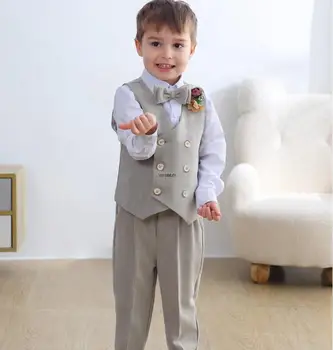 Джентльменский детский костюм для фотосъемки Beaufitul Для мальчиков от 1 года, жилет, брюки, галстук-бабочка с цветочным рисунком, 4 шт., платье для дня рождения, Детский Свадебный смокинг 