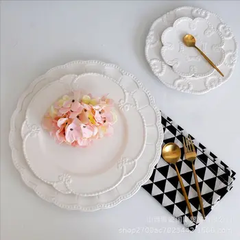 Белая рельефная креативная керамическая тарелка в европейском стиле, набор посуды для ресторана, домашняя паста, десерт, стейковая тарелка в западном стиле