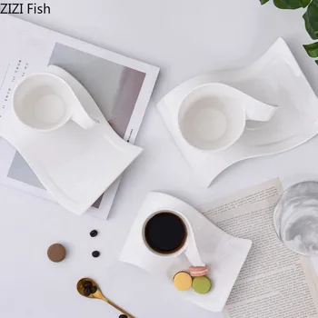 Набор кофейных чашек и блюдец Creative Wave, пара чашек для послеобеденного чая, молока и закусок, керамическая кружка для домашней кухни, Белая посуда для напитков