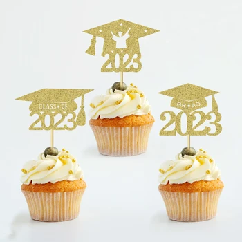 2023 Новая Выпускная шляпа, Золотой Топпер для торта, Блестящая золотая пудра, Холостяцкая шапочка, Топперы для кексов, декор торта для выпускной церемонии, вечеринки