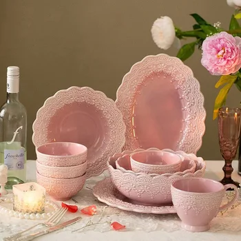 Платья принцессы Фиолетово-Розовая Кружевная Салатница с тиснением, Тарелка для ужина, Чашка для завтрака, Керамическая посуда
